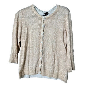 Talbots Sweater Cardigan Womens M Tan Chevron Ruffle Trim Button Lightweight